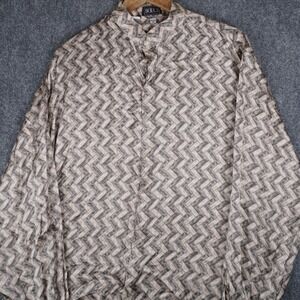 Bocci Silk Button Down Shirt Mens Size M Tan Grey Geometric Band Collar Long Slv